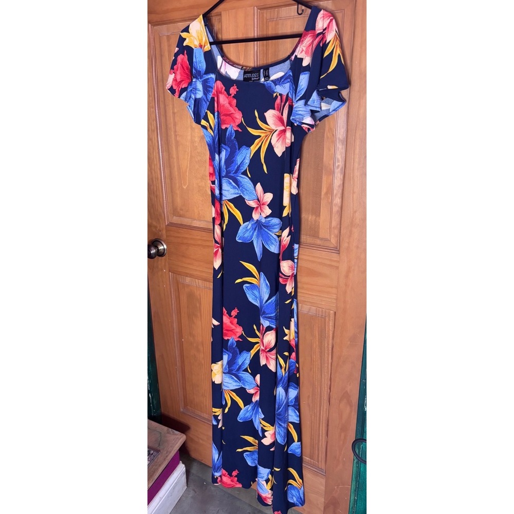 Attitudes by Renee Tropical Floral Maxi Dress Navy Blue Short Flutter Sleeve ST